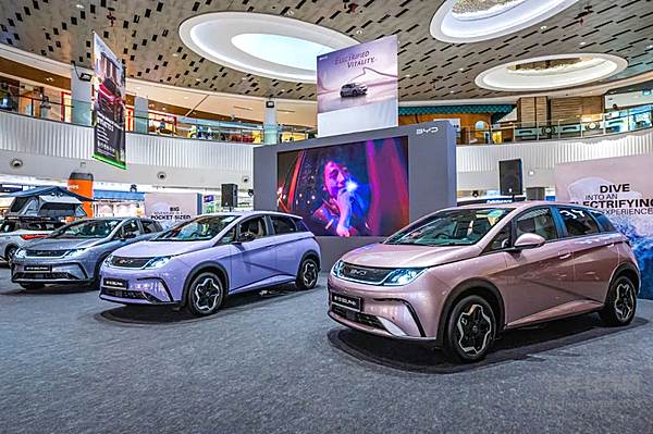 现场展出三辆不同配色BYD DOLPHIN，尽显海洋活力