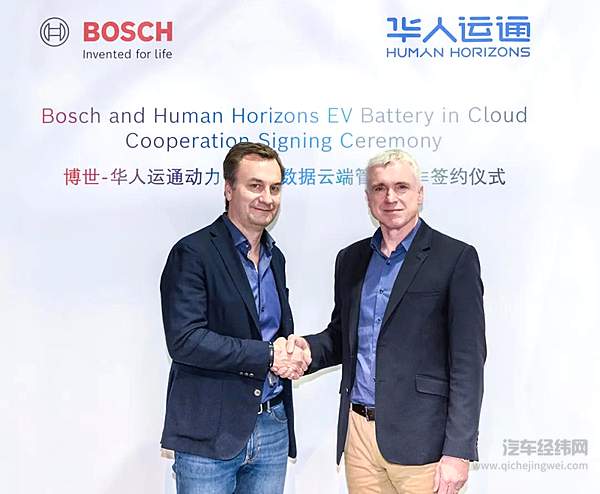华人运通CTO Mark Stanton(右)与博世全球智能网联事业部总裁 Elmar Pritsch(左)代表双方签署合作协议