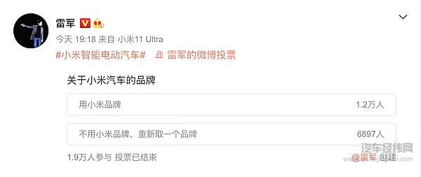雷军发起小米汽车品牌的投票