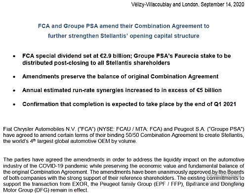 FCA与PSA修改合并条款 将于明年一季度完成合并