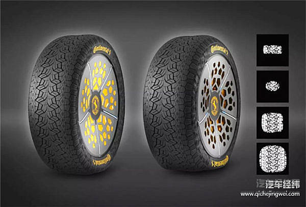 ContiAdapt则通过集成在车轮的微型压气机配以可调整宽度的轮辋调整胎压。