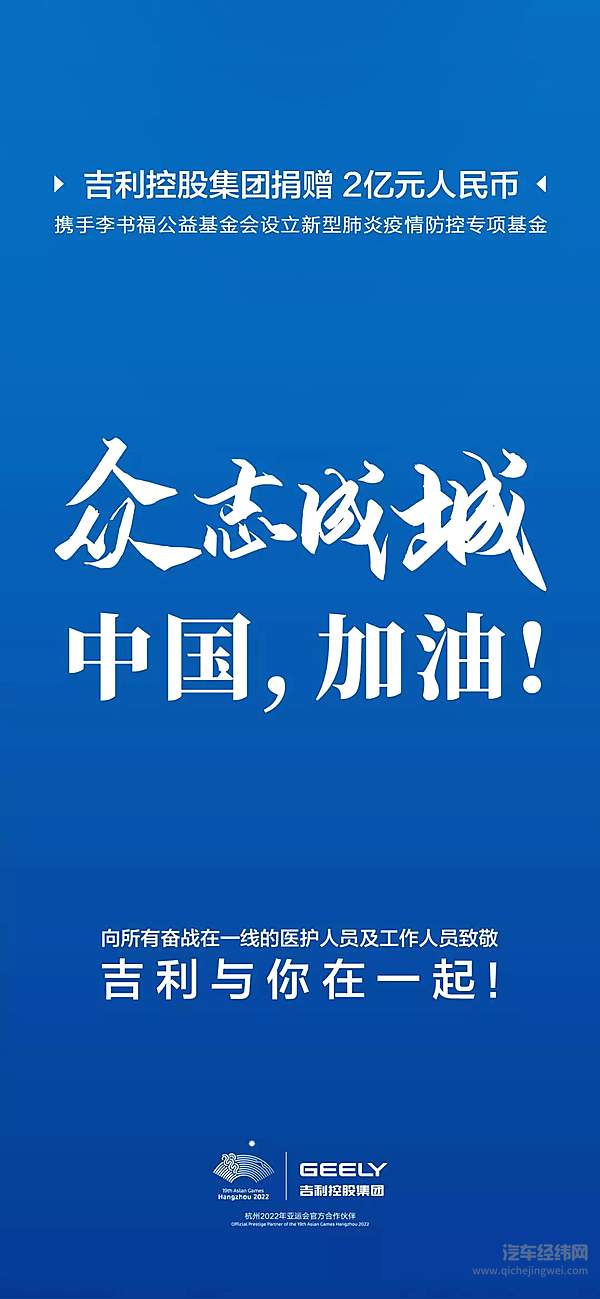 吉利控股集团携手李书福公益基金会设立2亿元疫情防控专项基金