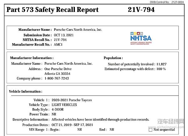 NHTSA发布的召回公告