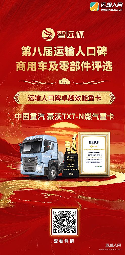 中國(guó)重汽豪沃TX7-N燃?xì)庵乜s獲第八屆智遠(yuǎn)杯“運(yùn)輸人口碑卓越效能重卡”獎(jiǎng)項(xiàng)