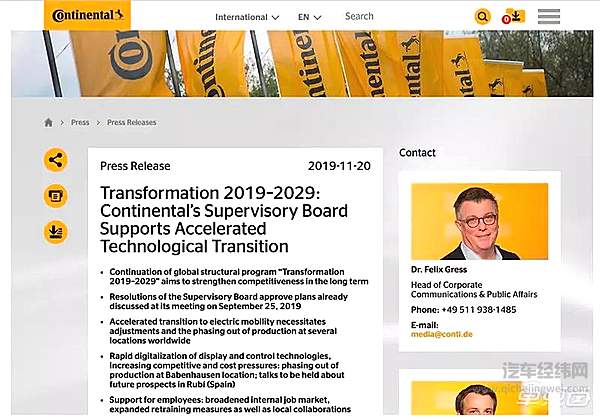 大陆集团发布新闻，表示监事会支持集团加速技术转型