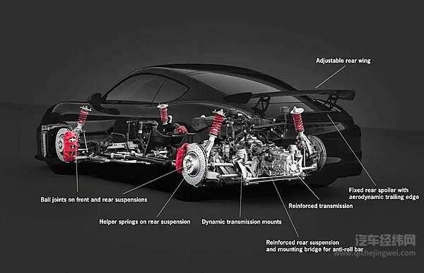 保时捷 718，四根弹簧支柱倾角都不小