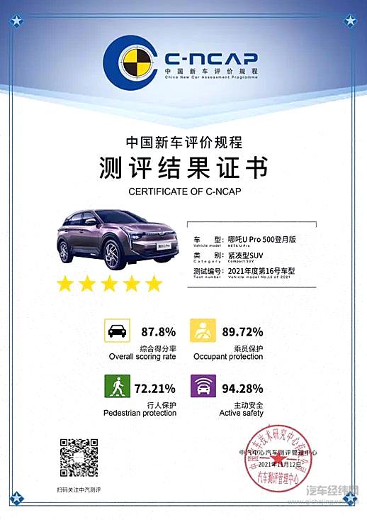 哪吒U Pro荣获C-NCAP五星安全认证